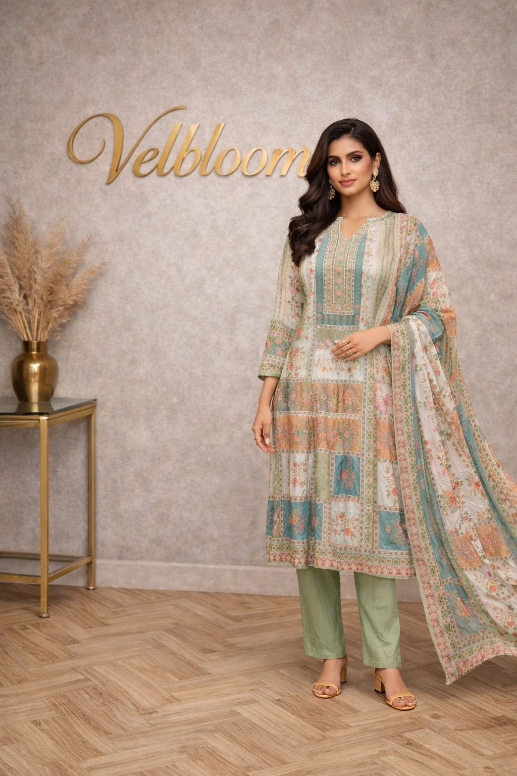 2026/03/1000132625.jpg Light Green Floral Printed Unstitched Suit Set - Image 1